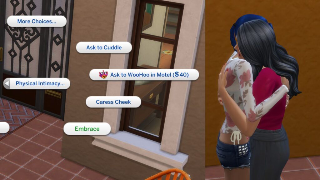 A screenshot from The Sims 4 showing the option to embrace another sim and two sims hugging 