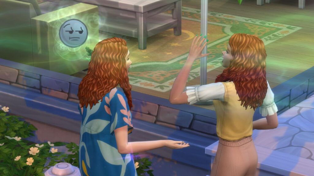 A screenshot from the sims 4 showing a sim detecting another sim's emotions, the other sim is feeling fine