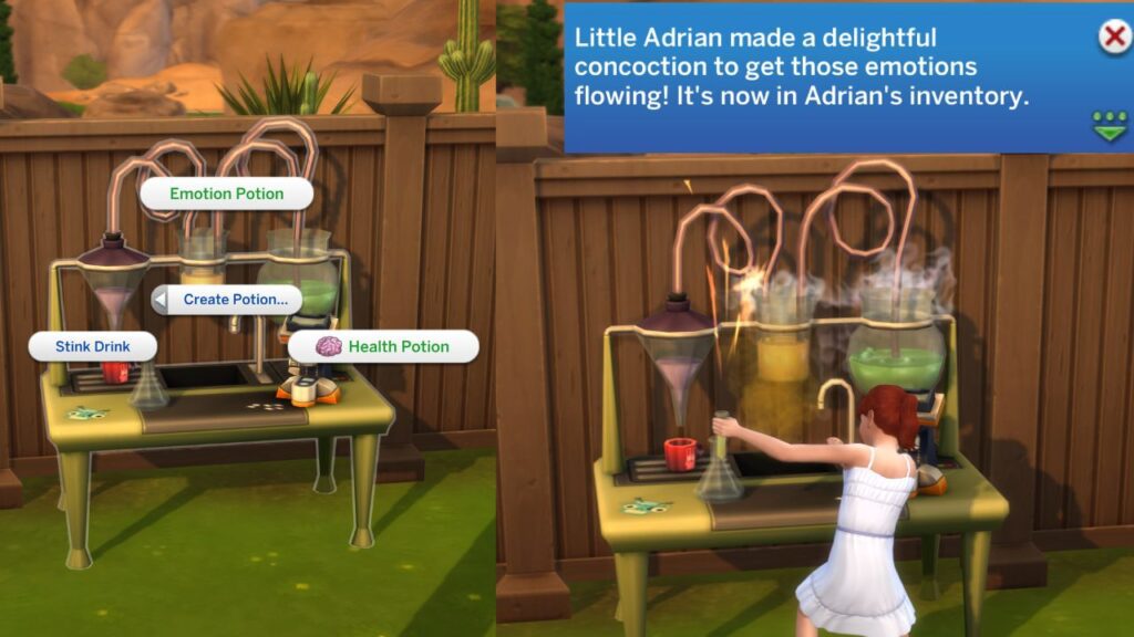 A screenshot from The Sims 4 showing how a child can create an emotion potion