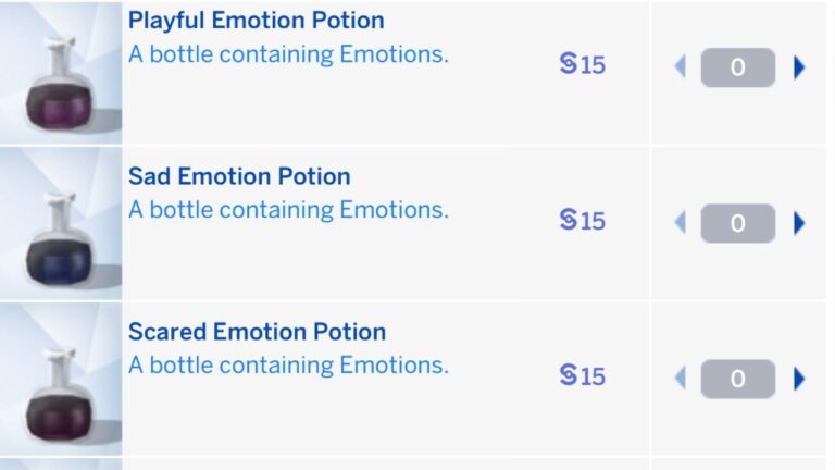 A screenshot from The Sims 4 showing a set of emotion potions