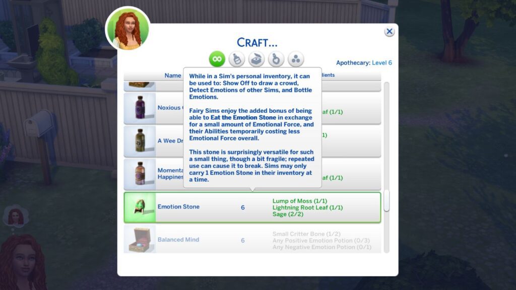 A screenshot from The Sims 4 showing the description and ingredients for an emotion stone