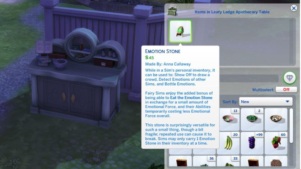A screenshot from The Sims 4 showing an emotion stone in the apothecary table inventory