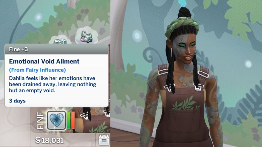 A screenshot from The Sims 4 showing a sim with the emotional void ailment