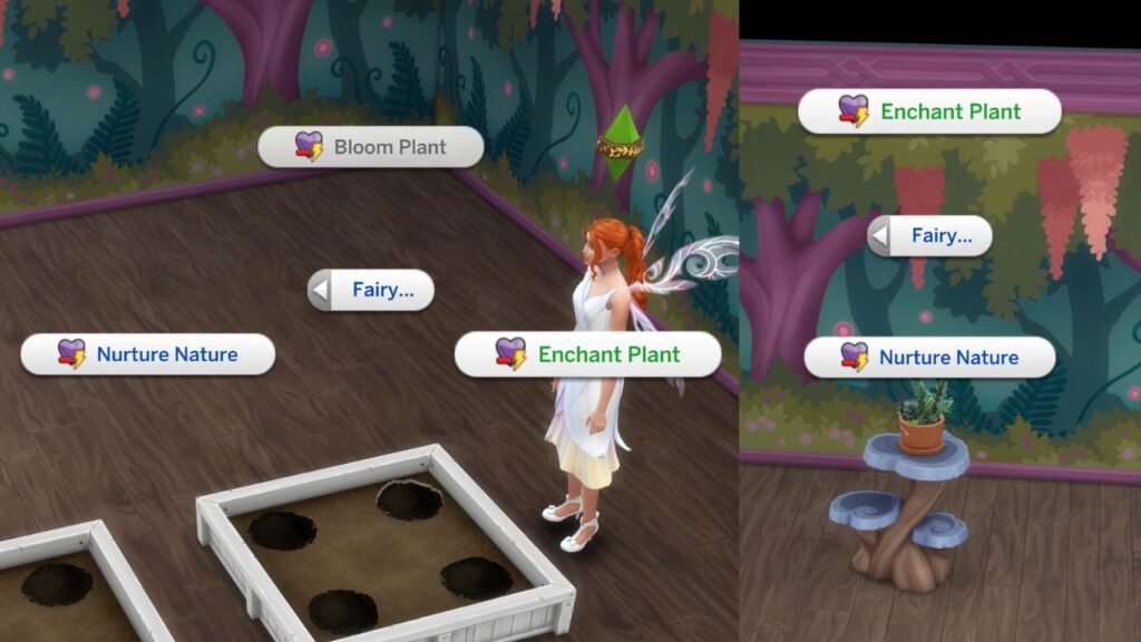 A screenshot from The Sims 4 showing the option to enchant plants