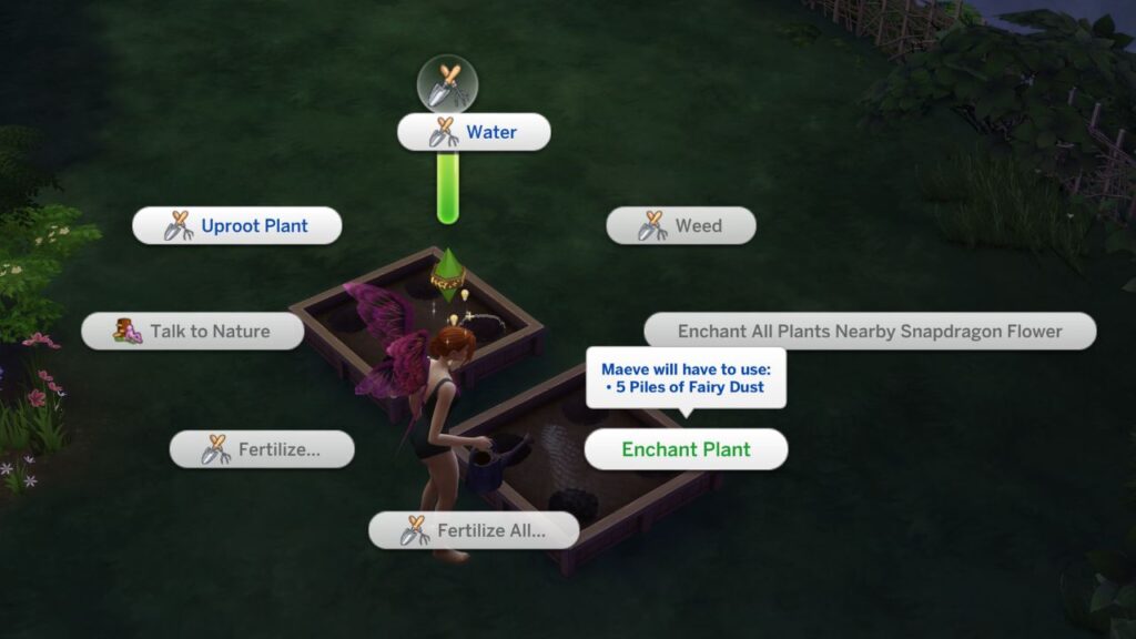 A screenshot from The Sims 4 showing the option to enchant an outdoor plant with fairy dust