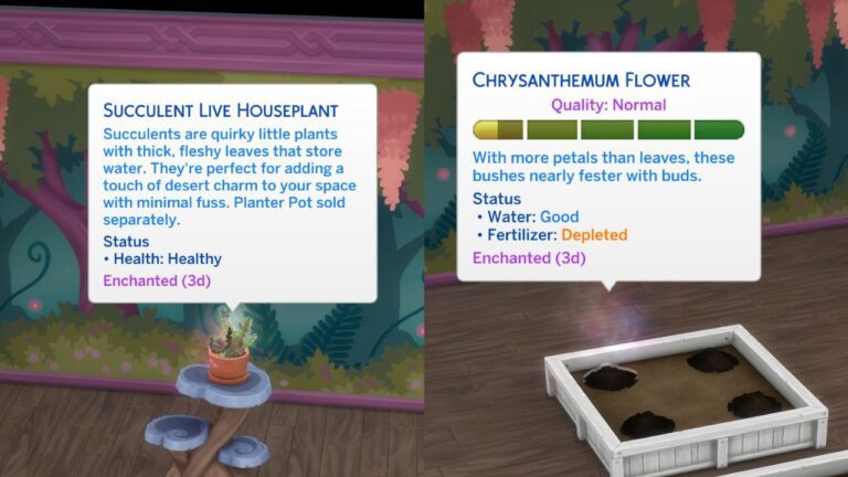 A screenshot from The Sims 4 showing two plants that have been enchanted with fairy dust