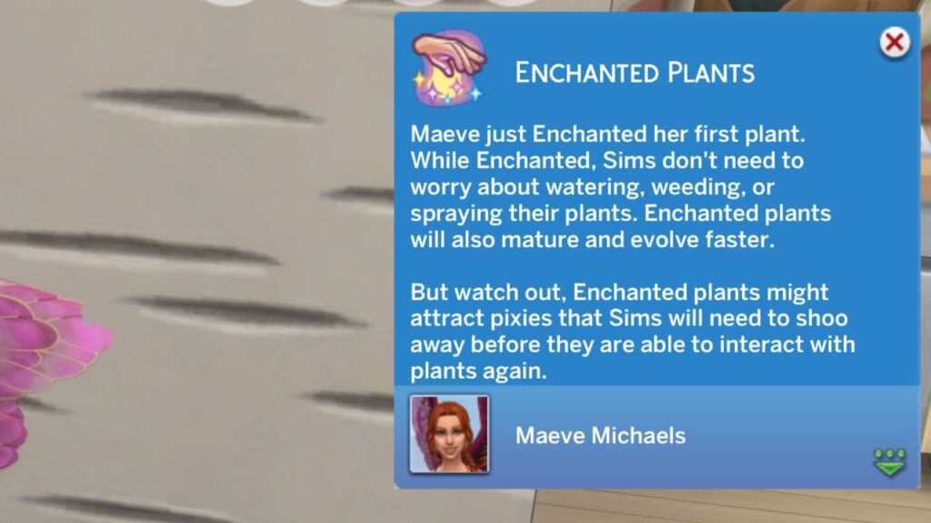 A screenshot from The Sims 4 showing the notification you get when you enchant plants