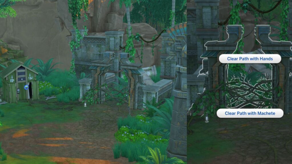 A screenshot from The Sims 4 showing the entrance to the jungle and how to clear the path 