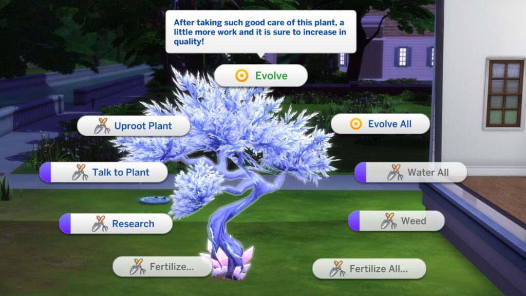 A screenshot from The Sims 4 showing a crystal tree fully grown in a sim's backyard 