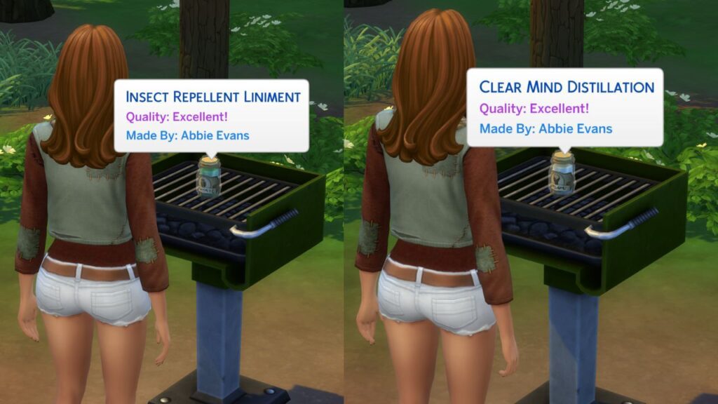 A screenshot from The Sims 4 showing two excellent quality herbal remedies on a grill