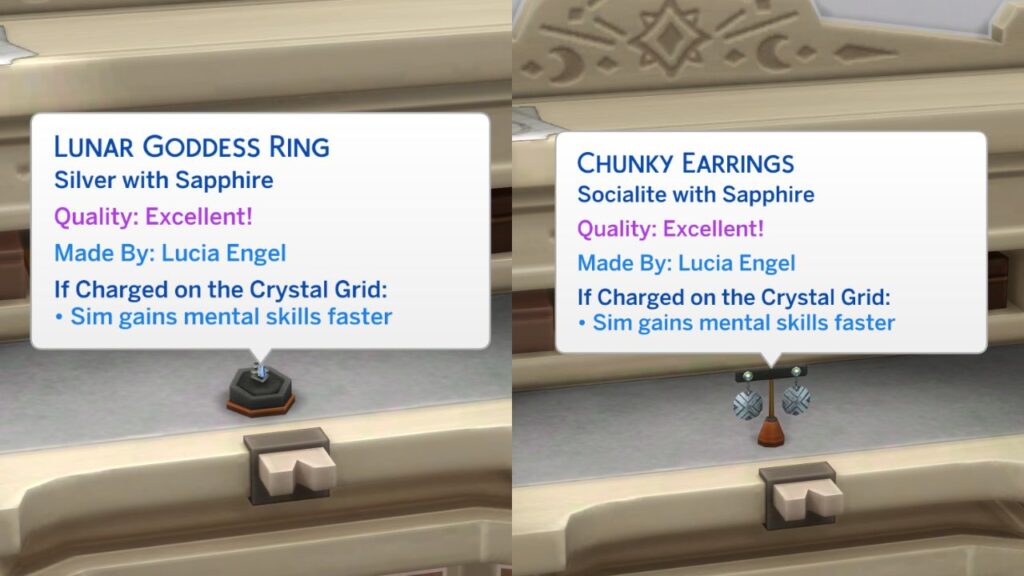A screenshot from The Sims 4 showing two pieces of excellent quality jewelry