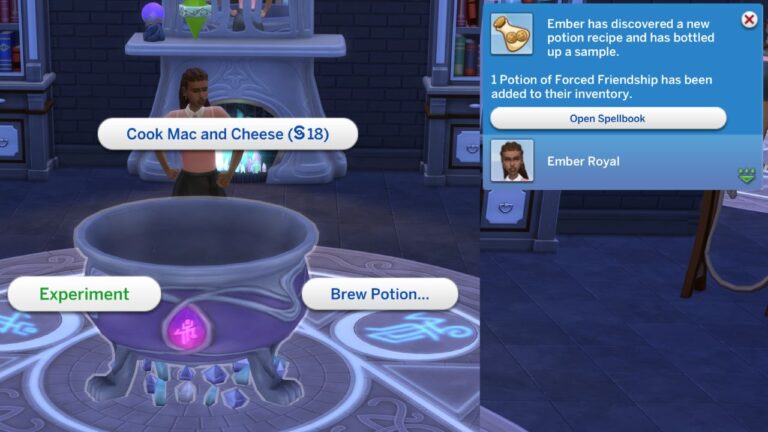 A screenshot from The Sims 4 showing the option to experiment to learn a potion recipe