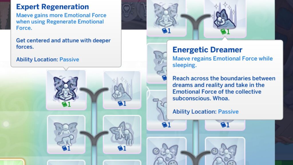 A screenshot from The Sims 4 showing the expert regeneration vs energetic dreamer abilities
