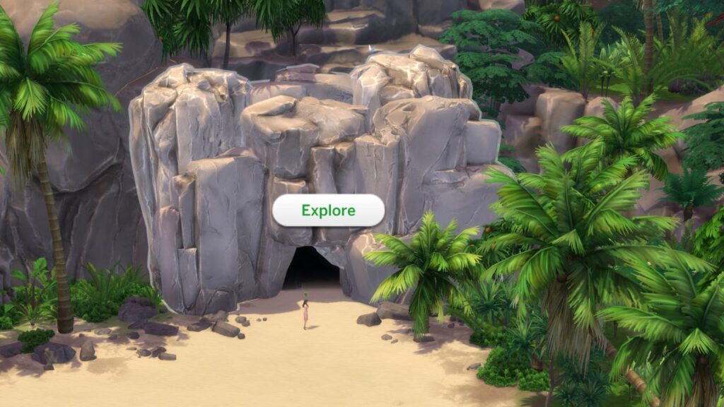 A screenshot from The Sims 4 showing the option to explore in Tomarang's cave
