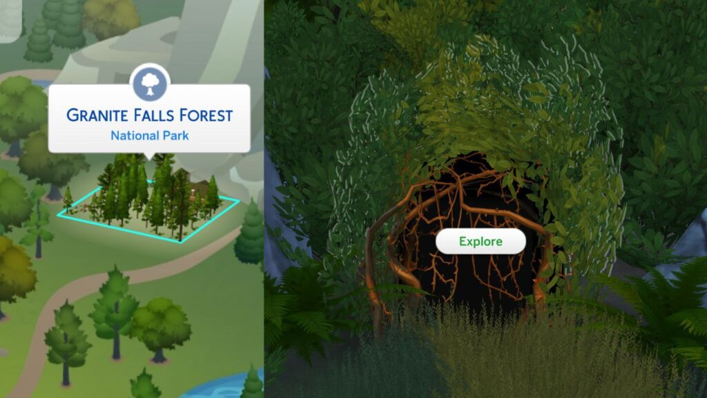 A screenshot from The Sims 4 showing the Granite Falls Forest lot and the cave for the deep woods