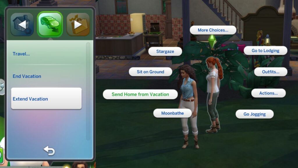 A screenshot from The Sims 4 showing how to extend or leave a vacation 
