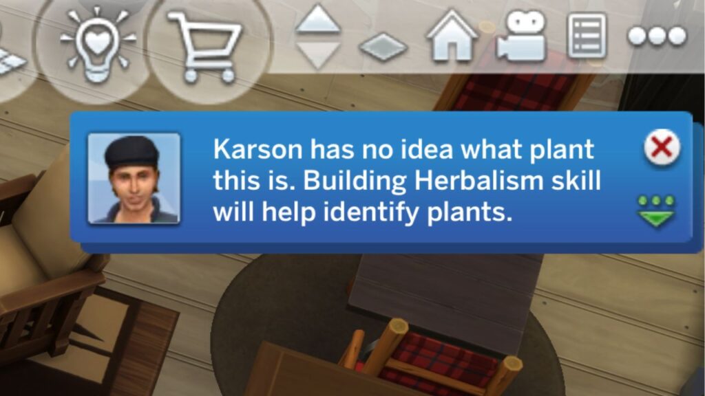 A screenshot from The Sims 4 showing the notification when a sim fails to identify