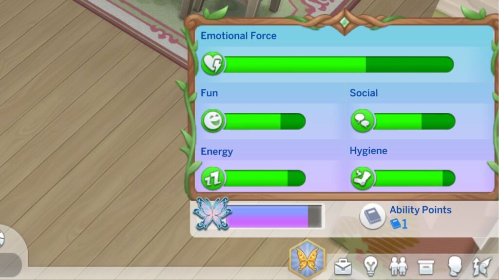 A screenshot from The Sims 4 showing a fairy sim's needs panel