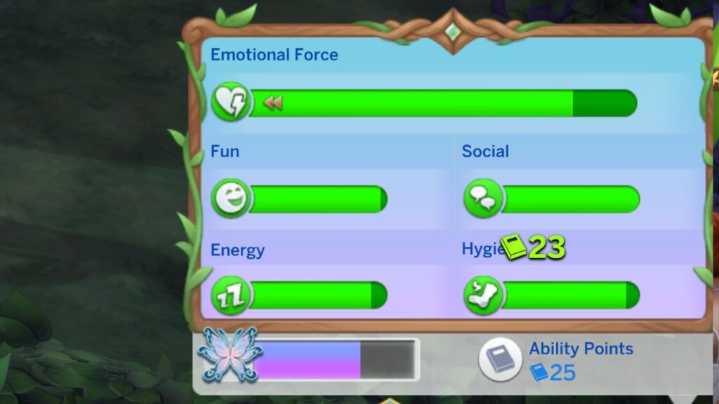 A screenshot from The Sims 4 showing a fairy sim's need panel with 25 ability points