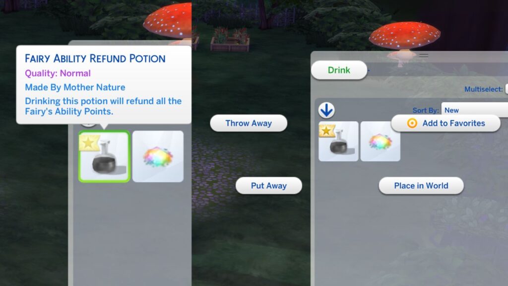 A screenshot from The Sims 4 showing the fairy ability refund potion in a sim's inventory and the option to drink it