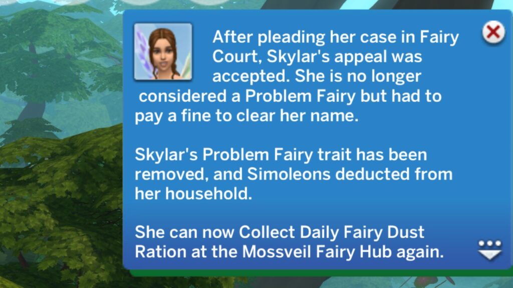 A screenshot from The Sims 4 showing the notification you get after fairy court 