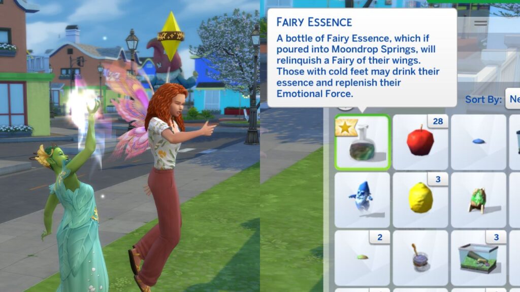 A screenshot from The Sims 4 showing mother nature doing a spell and a sim's fairy essence in their inventory