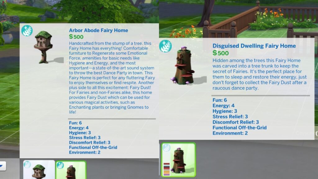 A screenshot from The Sims 4 showing the fairy home items in the build catalog