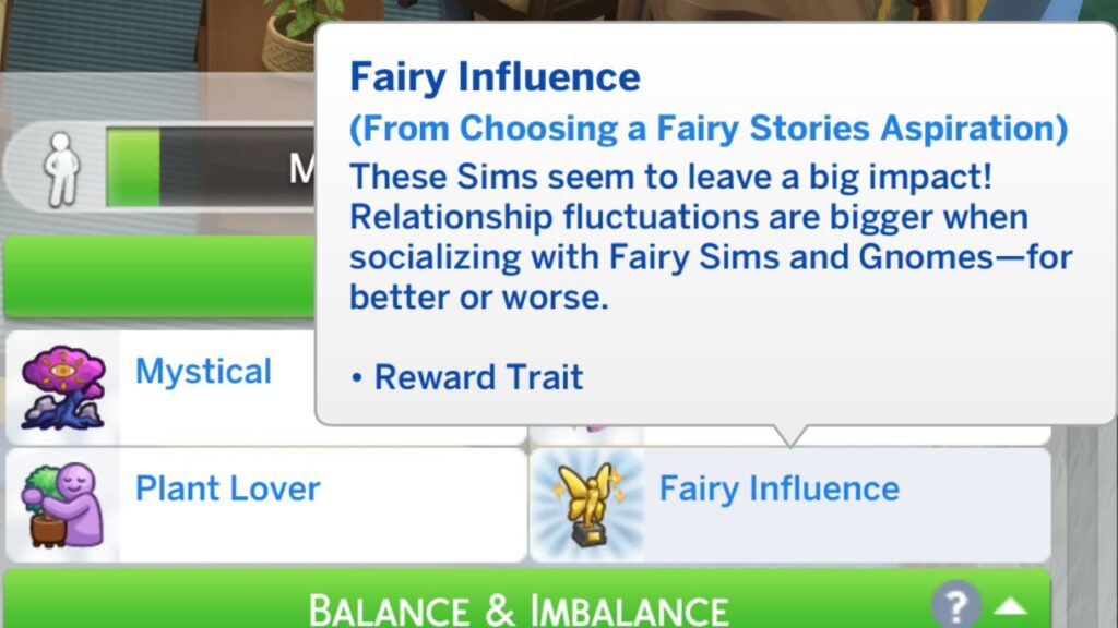 A screenshot from The Sims 4 showing the fairy influence bonus trait