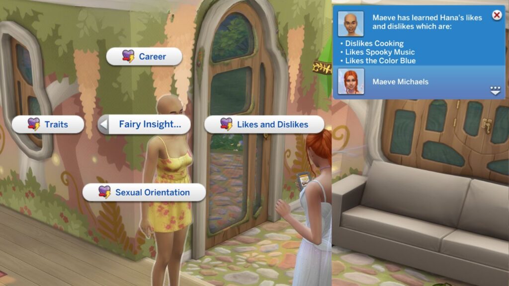A screenshot from the sims 4 showing the option to use fairy insight to learn about another sim