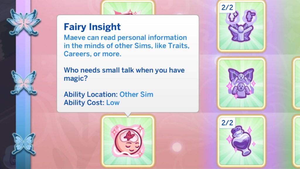 A screenshot from The Sims 4 showing the fairy insight ability