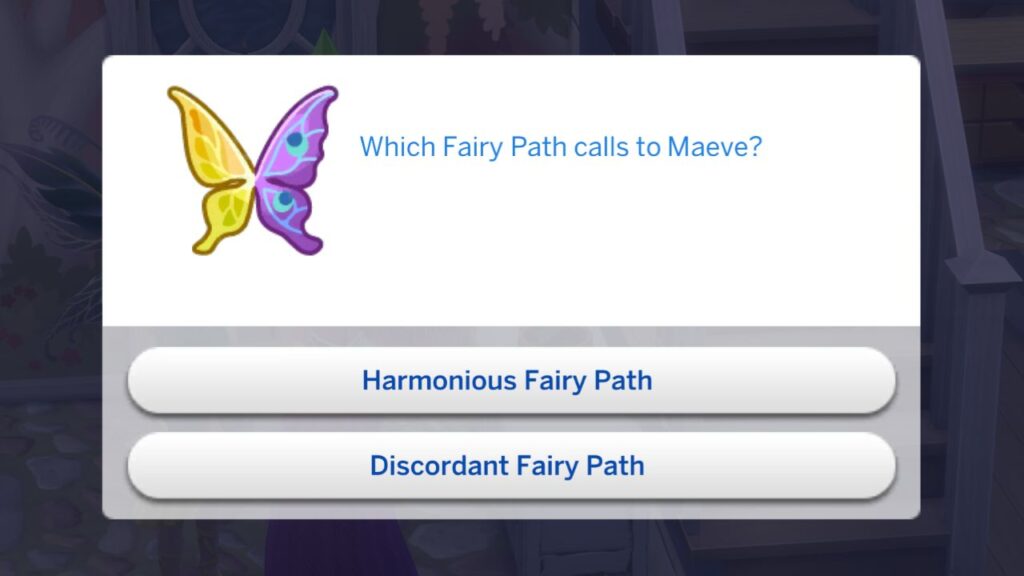 A screenshot from The Sims 4 showing the two paths you get to choose after finishing fairy stories