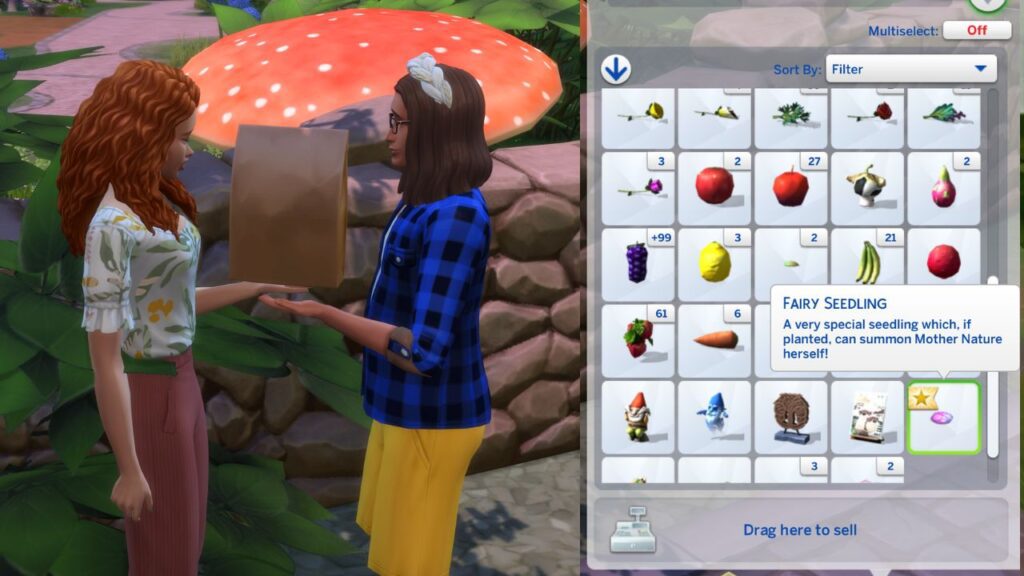 A screenshot from The Sims 4 showing a fairy giving a sim a seedling and the seedling in the sim's inventory