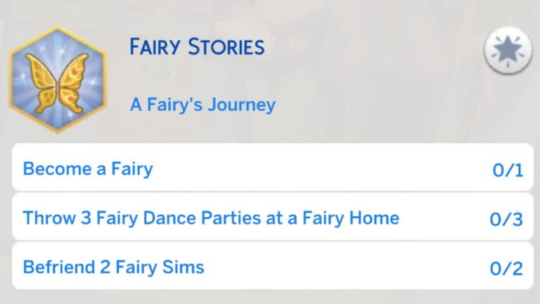 A screenshot from The Sims 4 showing the first stage of the fairy stories aspiration