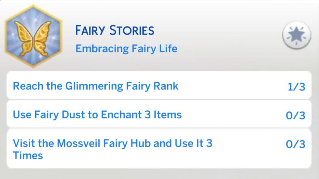A screenshot from The Sims 4 showing the second level of the fairy stories aspiration