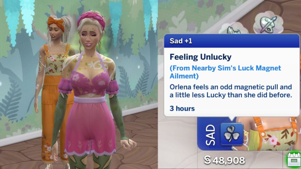 A screenshot from The Sims 4 showing a sim who is feeling sad for being around a luck magnet sim
