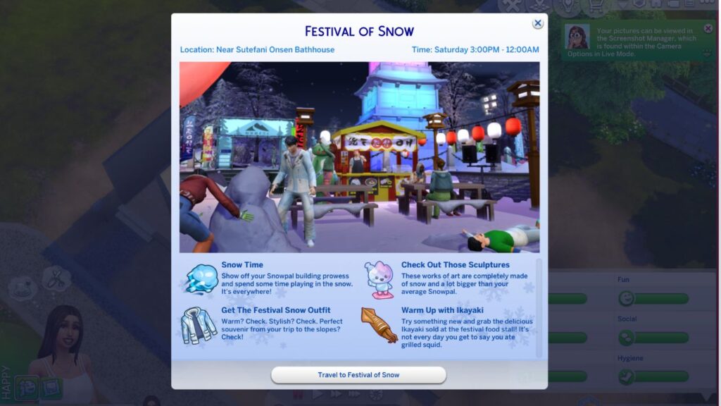 A screenshot from The Sims 4 showing the description page for the festival of snow