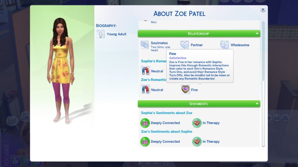 A screenshot from The Sims 4 showing a sim's profile with their romantic satisfaction highlighted 