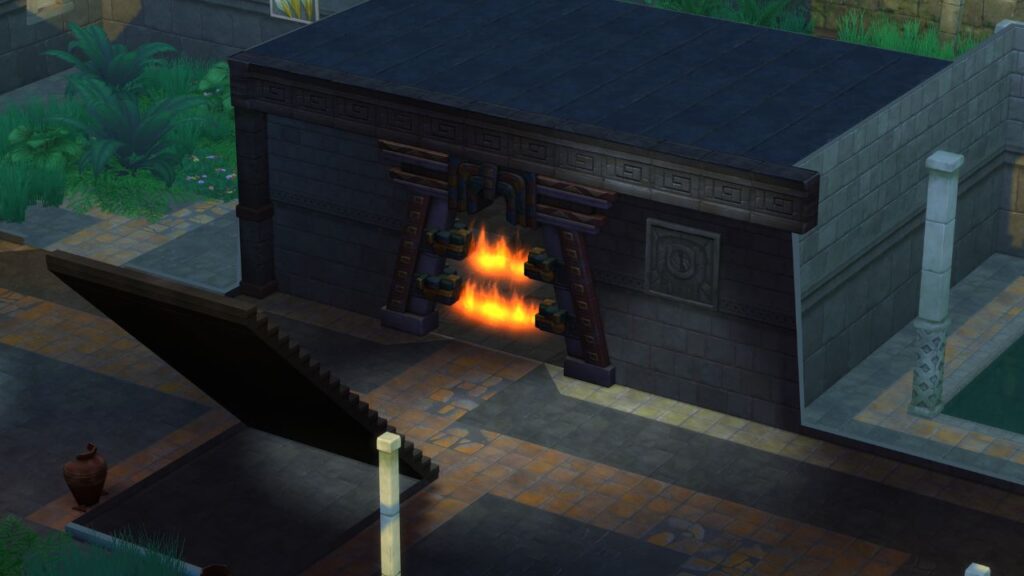 A screenshot from The Sims 4 showing the fire gate level of the temple 