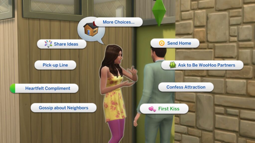 A screenshot from The Sims 4 showing the option to have a first kiss with another sim