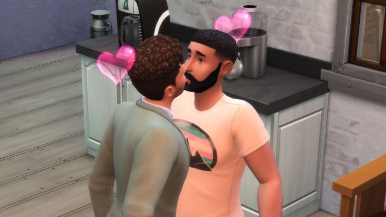 A screenshot from The Sims 4 of two sims sharing their first kiss