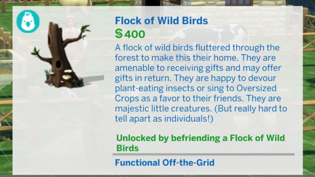A screenshot from The Sims 4 showing the flock of wild birds item in build mode
