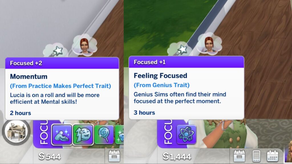 A screenshot from The Sims 4 showing two different focused moodlets 
