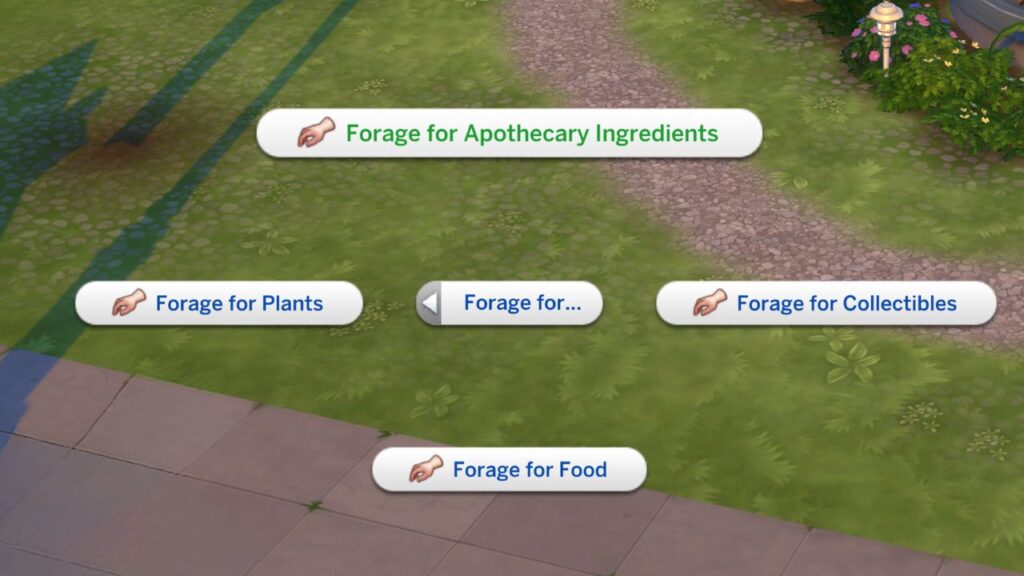 A screenshot from the sims 4 showing how to forage for apothecary ingredients