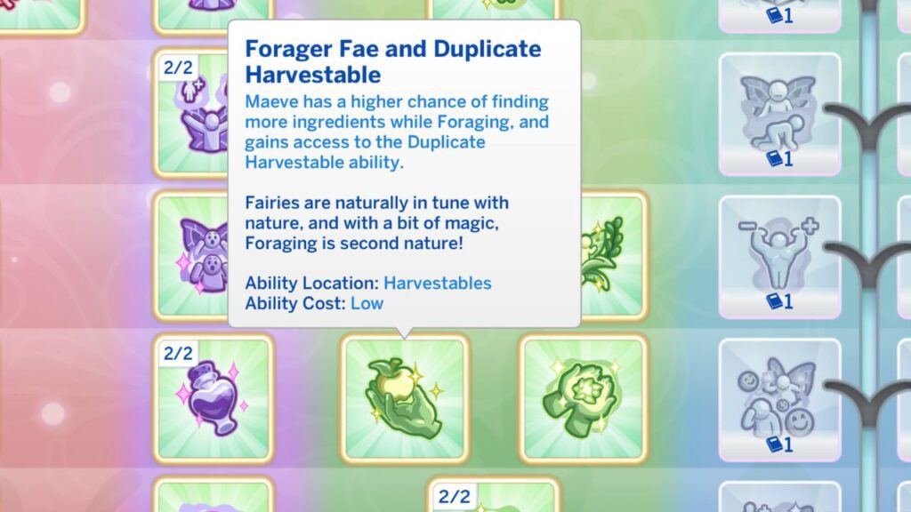 A screenshot from The Sims 4 showing the forager fae and duplicate harvestable fairy ability