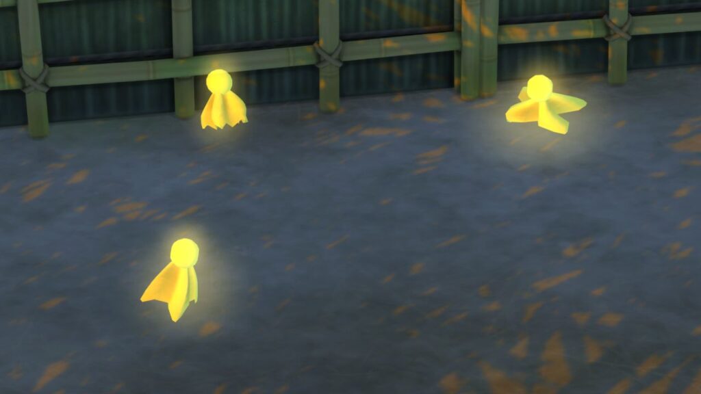 A screenshot from The Sims 4 showing some forest spirits floating around