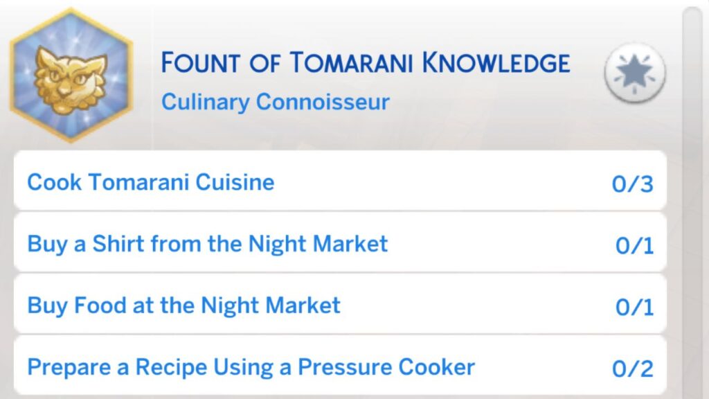 A screenshot from The Sims 4 showing the second stage of the fount of tomarani knowledge aspiration