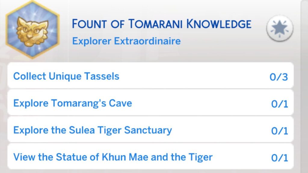 A screenshot from The Sims 4 showing the third stage of the fount of Tomarani knowledge aspiration