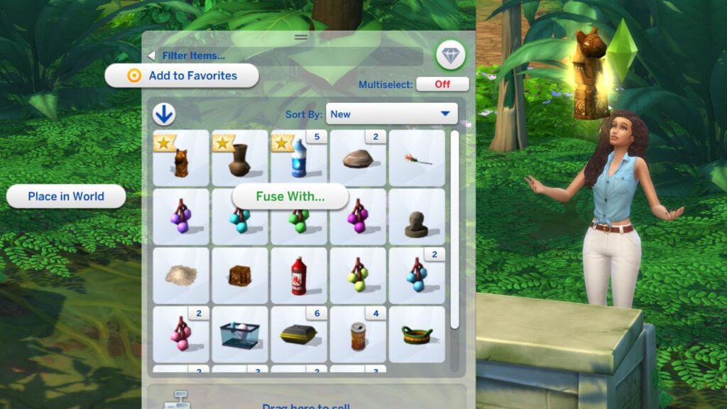 A screenshot from The Sims 4 showing the option to fuse a mystical relic with a stand