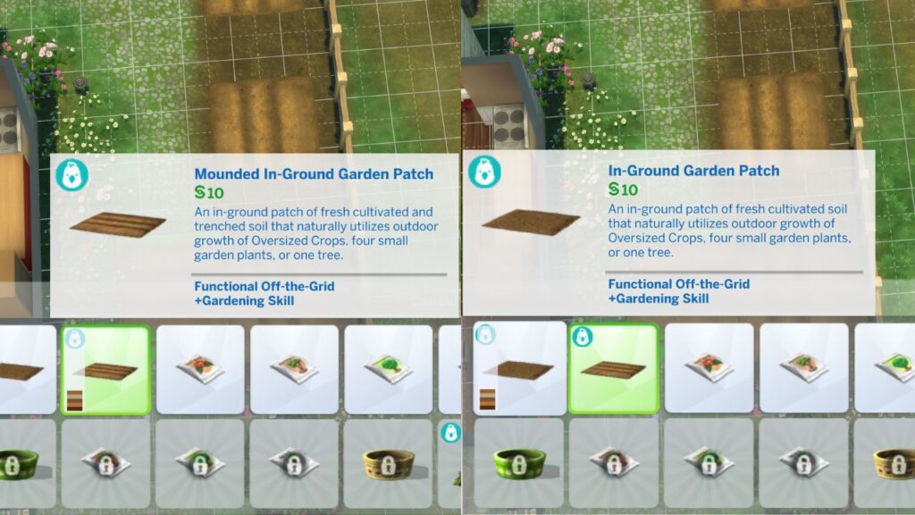 A screenshot from The Sims 4 showing the in-ground garden patch in build mode