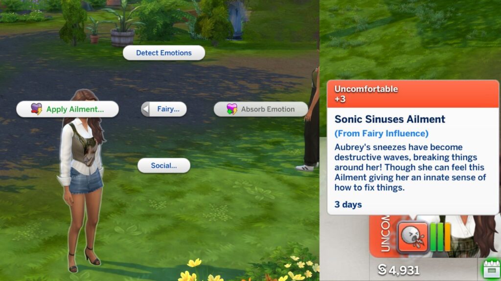 A screenshot from The Sims 4 showing the option to apply ailment as a fairy